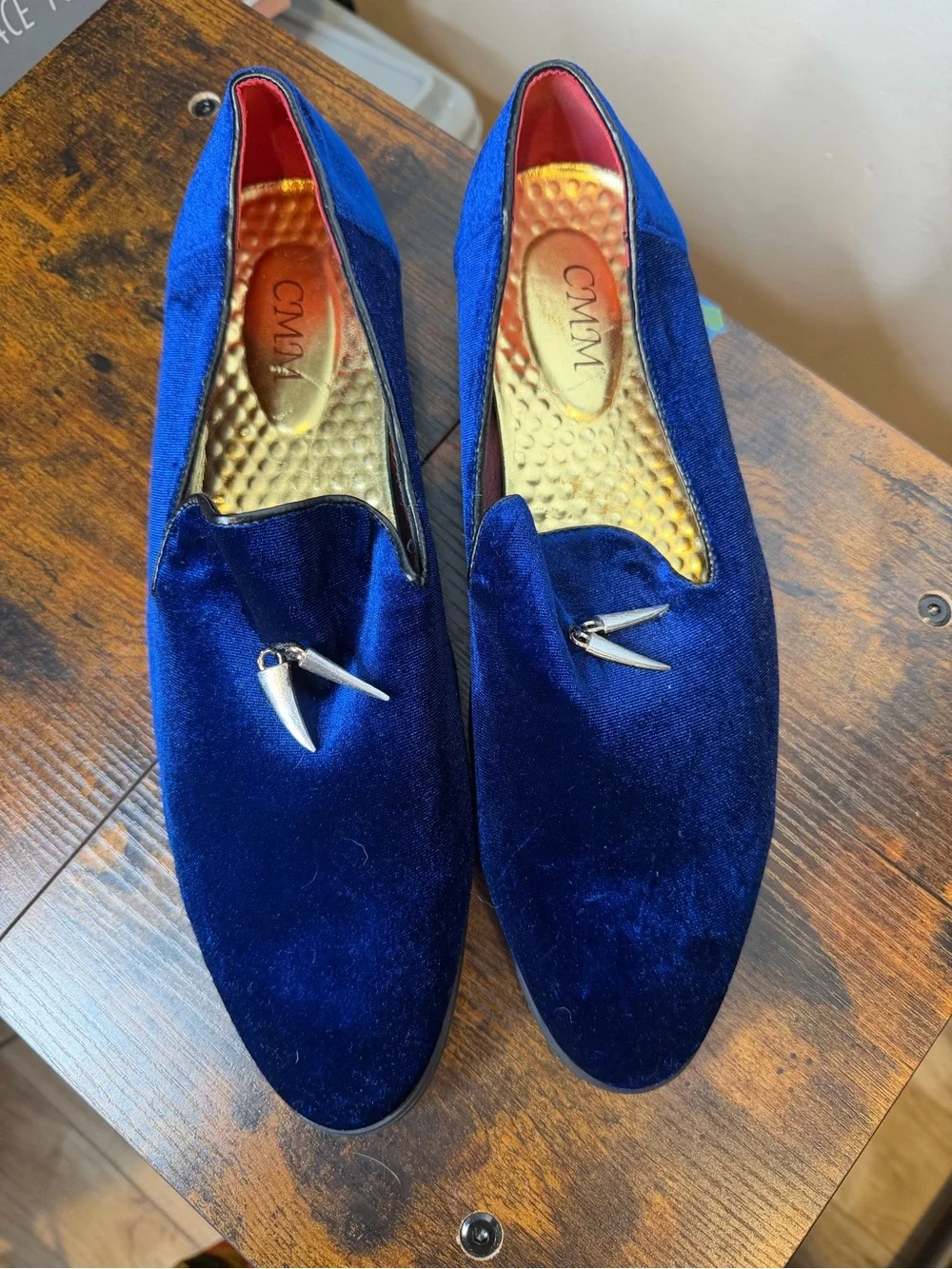 CMM royal blue velvet loafers gold-toned spike detail on the vamp Size 15
